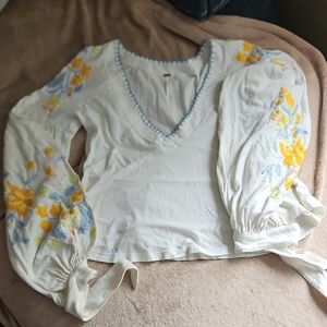Free People White Blouse with Yellow and Blue Embroidery